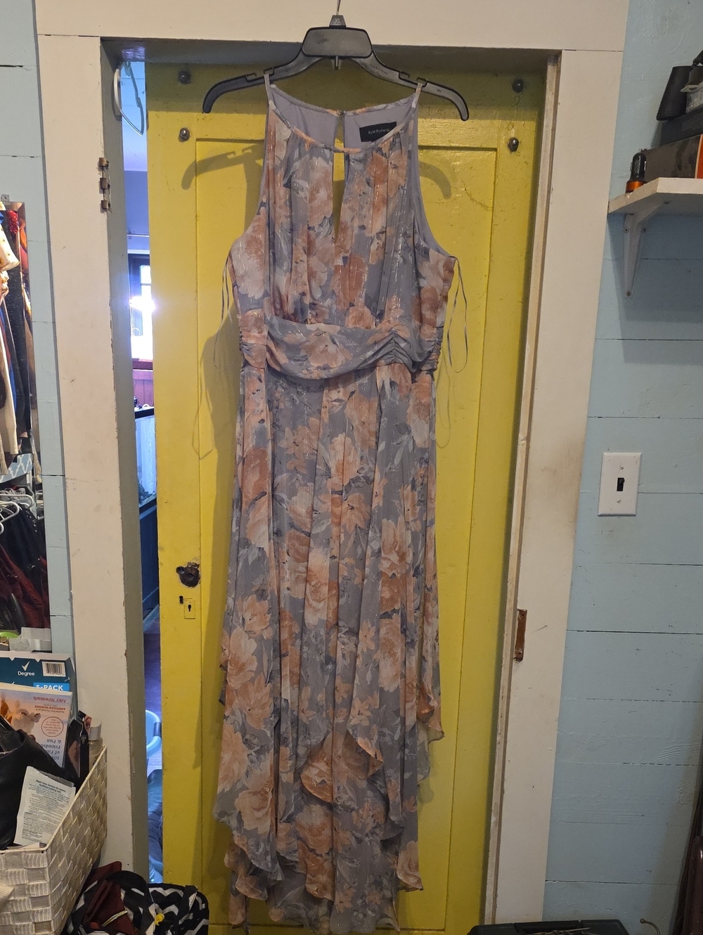 R&M Richards Blue and Pink High-Low Floral Maxi Dress